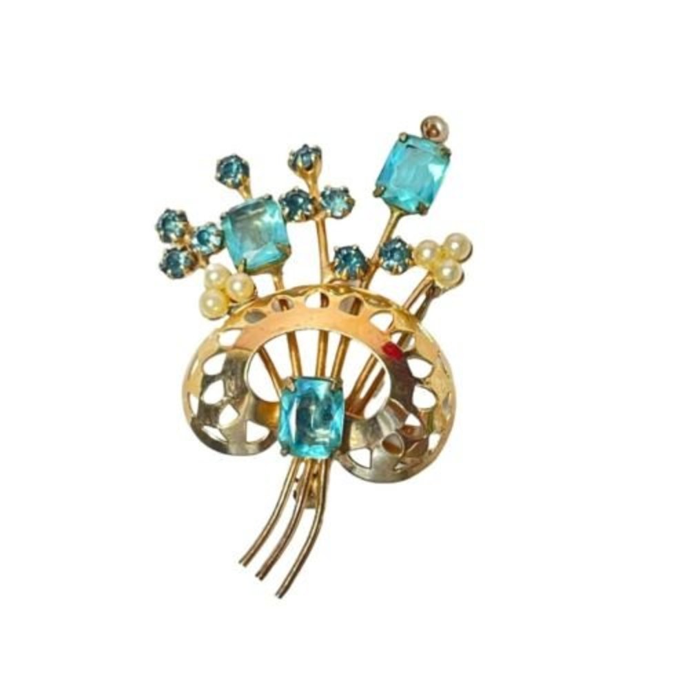 Vintage 1/20 12K Gold Filled Blue Flower Spray Brooch Pin Signed CRC Faux Pearl